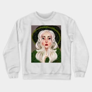 Forest Witch Illustration Fern Witch Hat White Hair Green Eyes Stars and Crescent Moon Crewneck Sweatshirt